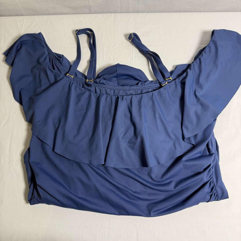 La Blanca Island Goddess Off Shoulder Ruffle One Piece Swimsuit Indigo 20W New - Picture 11 of 14